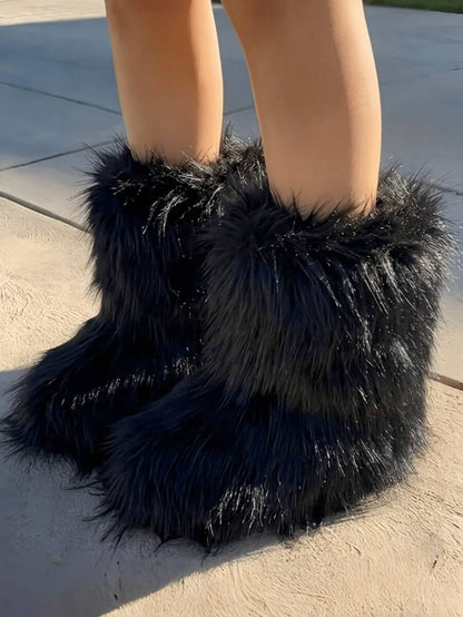 Women's Winter Furry Snow Boots Fuzzy Fluffy Round Toe Suede Booties Flat Heel Slip On Outdoor Indoor Shoes Fashion Warm Fluffy Shoes Mensa