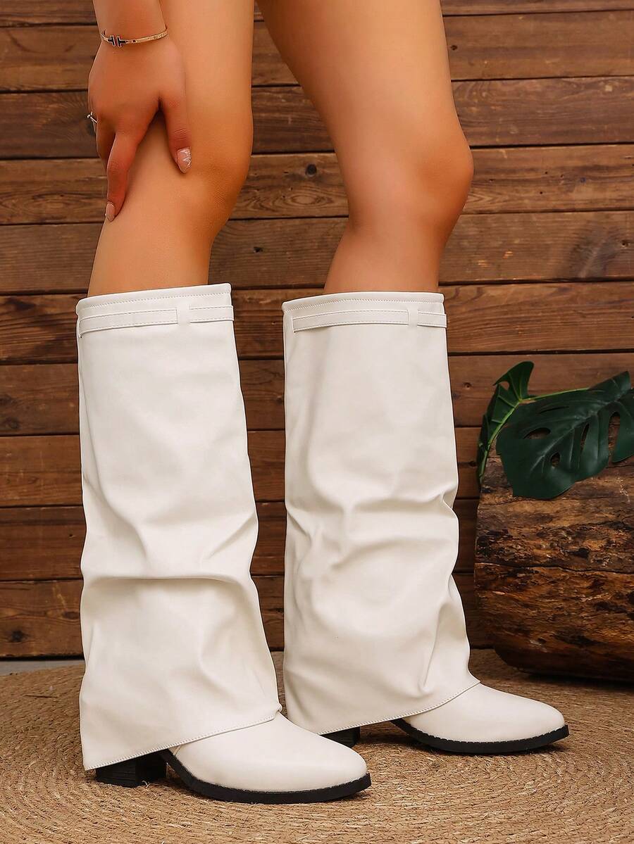 Women's Pleated Loose Boots, Fashion Thick High Heel Pointed Toe Knee-High Dress Boots, Punk Pleated Brown Boots Suitable For Daily, Festival, Versatile,Cowboy Boots Mensa
