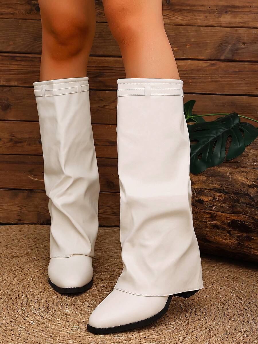 Women's Pleated Loose Boots, Fashion Thick High Heel Pointed Toe Knee-High Dress Boots, Punk Pleated Brown Boots Suitable For Daily, Festival, Versatile,Cowboy Boots Mensa