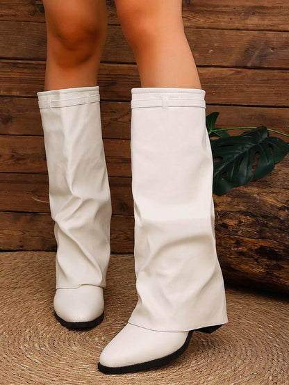 Women's Pleated Loose Boots, Fashion Thick High Heel Pointed Toe Knee-High Dress Boots, Punk Pleated Brown Boots Suitable For Daily, Festival, Versatile,Cowboy Boots Mensa