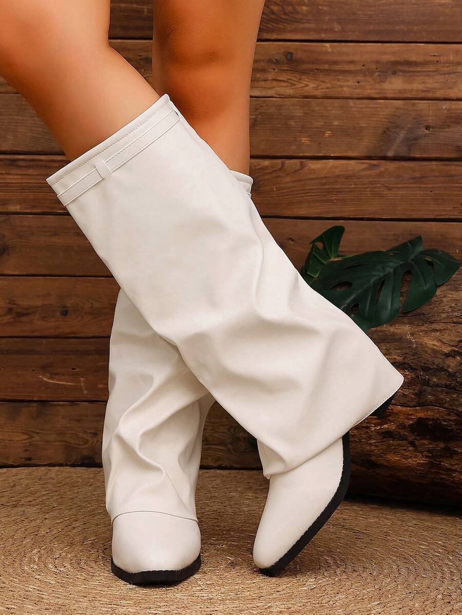 Women's Pleated Loose Boots, Fashion Thick High Heel Pointed Toe Knee-High Dress Boots, Punk Pleated Brown Boots Suitable For Daily, Festival, Versatile,Cowboy Boots Mensa