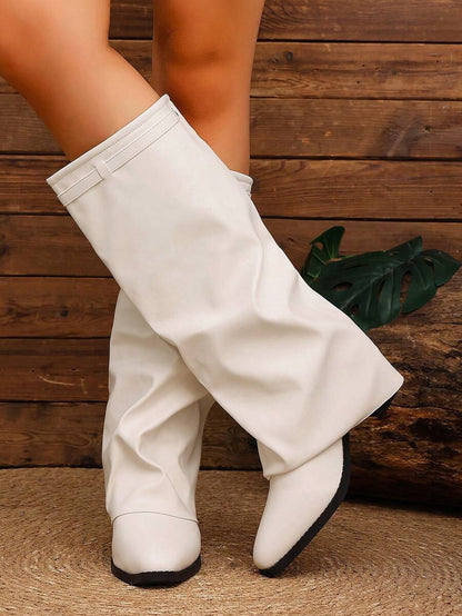 Women's Pleated Loose Boots, Fashion Thick High Heel Pointed Toe Knee-High Dress Boots, Punk Pleated Brown Boots Suitable For Daily, Festival, Versatile,Cowboy Boots Mensa