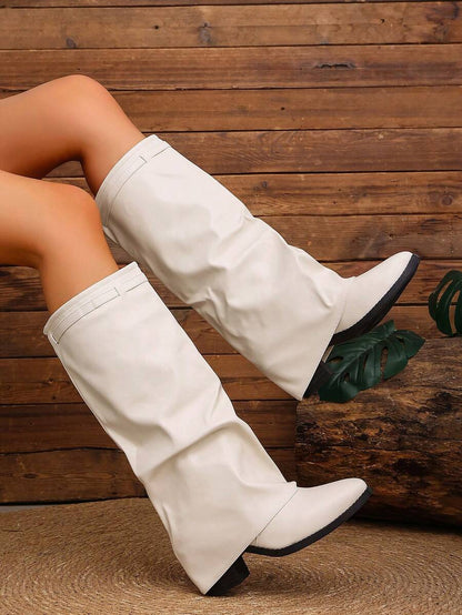 Women's Pleated Loose Boots, Fashion Thick High Heel Pointed Toe Knee-High Dress Boots, Punk Pleated Brown Boots Suitable For Daily, Festival, Versatile,Cowboy Boots Mensa