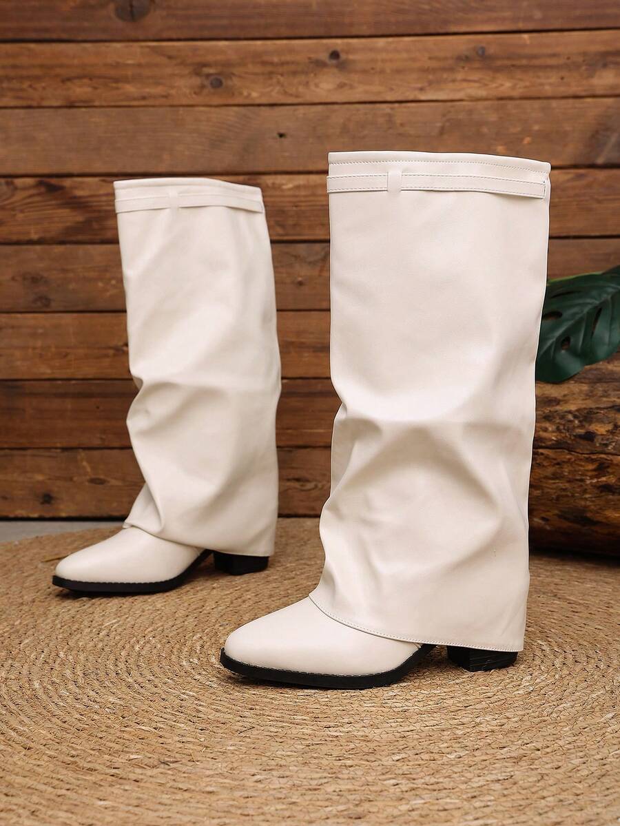 Women's Pleated Loose Boots, Fashion Thick High Heel Pointed Toe Knee-High Dress Boots, Punk Pleated Brown Boots Suitable For Daily, Festival, Versatile,Cowboy Boots Mensa