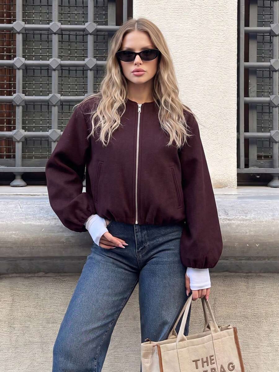 Lillehammer Wool Look Zip Up Cropped Bomber Jacket