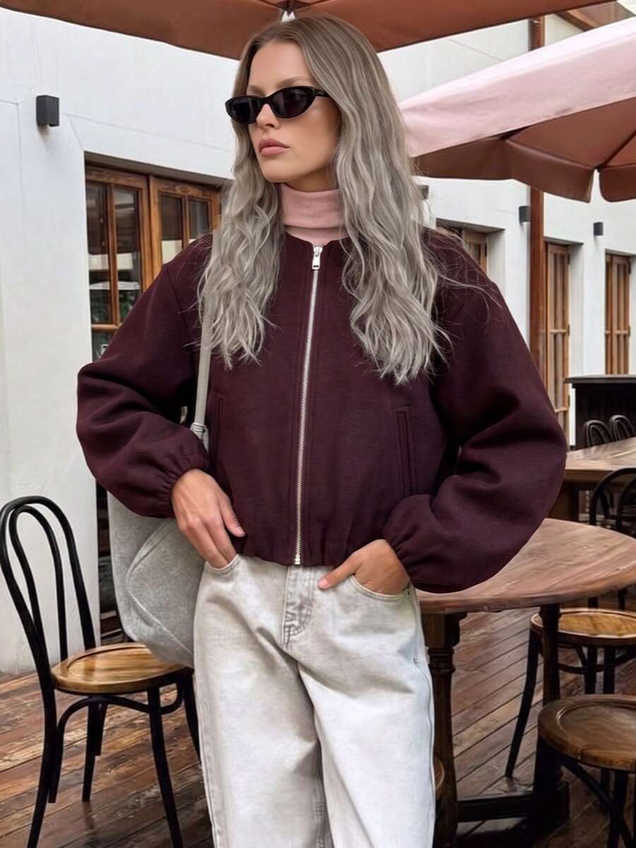 Lillehammer Wool Look Zip Up Cropped Bomber Jacket