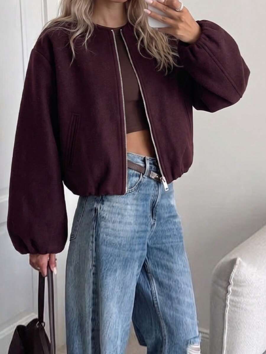 Lillehammer Wool Look Zip Up Cropped Bomber Jacket