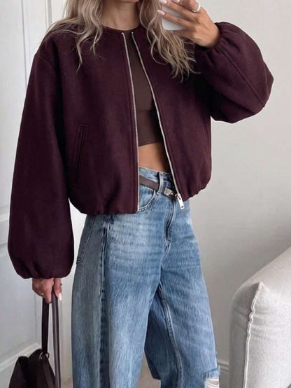 Lillehammer Wool Look Zip Up Cropped Bomber Jacket