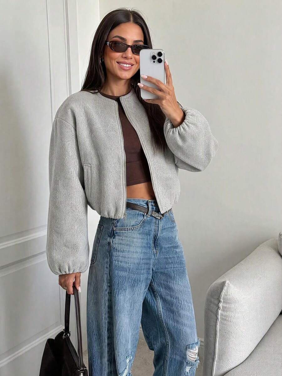 Lillehammer Wool Look Zip Up Cropped Bomber Jacket