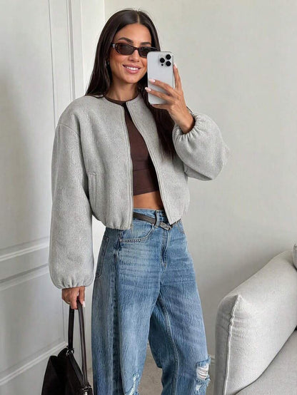 Lillehammer Wool Look Zip Up Cropped Bomber Jacket