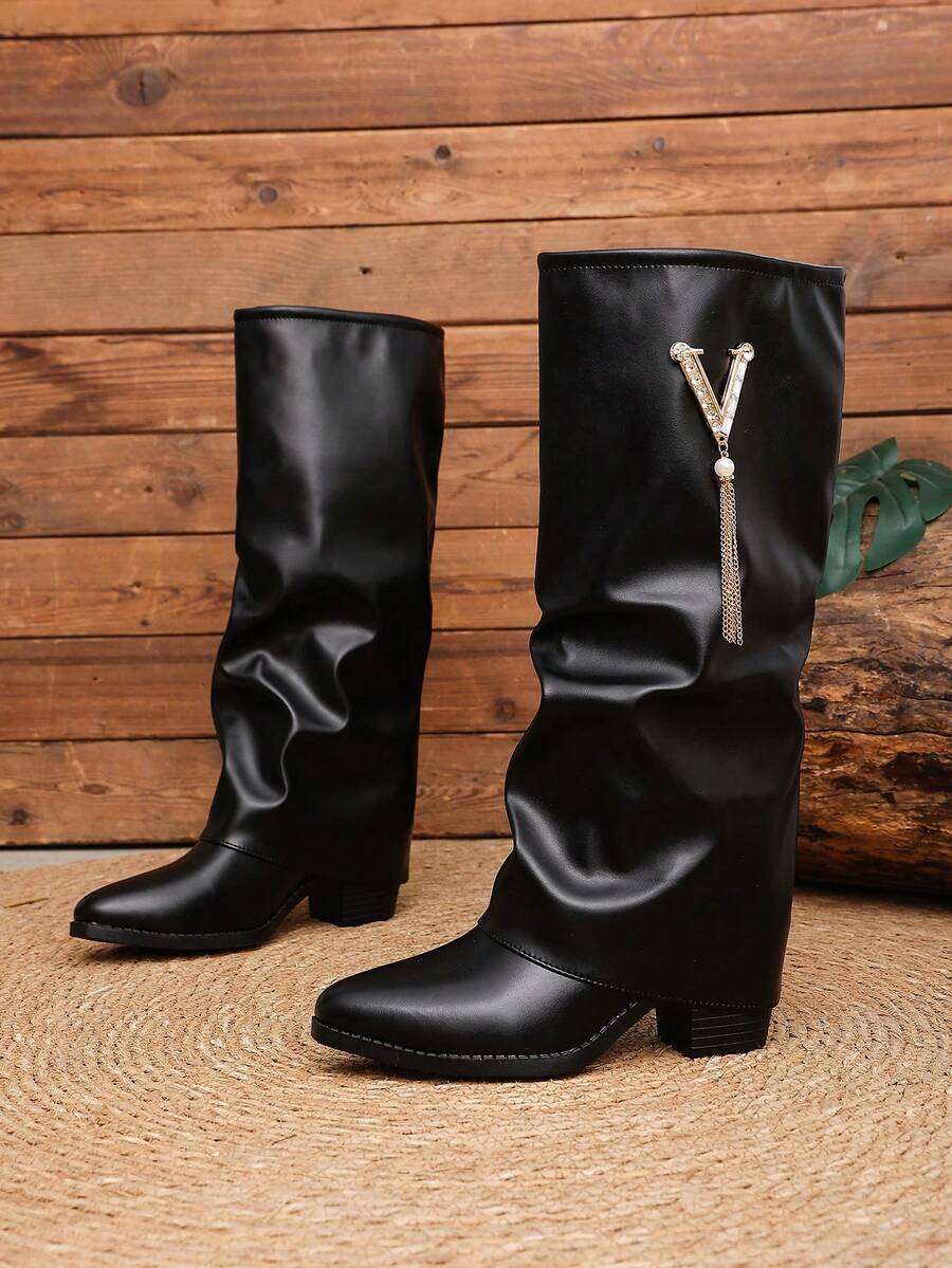 Women's Pleated Loose Boots, Fashion Thick High Heel Pointed Toe Knee-High Dress Boots, Punk Pleated Brown Boots Suitable For Daily, Festival, Versatile,Cowboy Boots Mensa