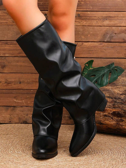 Women's Pleated Loose Boots, Fashion Thick High Heel Pointed Toe Knee-High Dress Boots, Punk Pleated Brown Boots Suitable For Daily, Festival, Versatile,Cowboy Boots Mensa