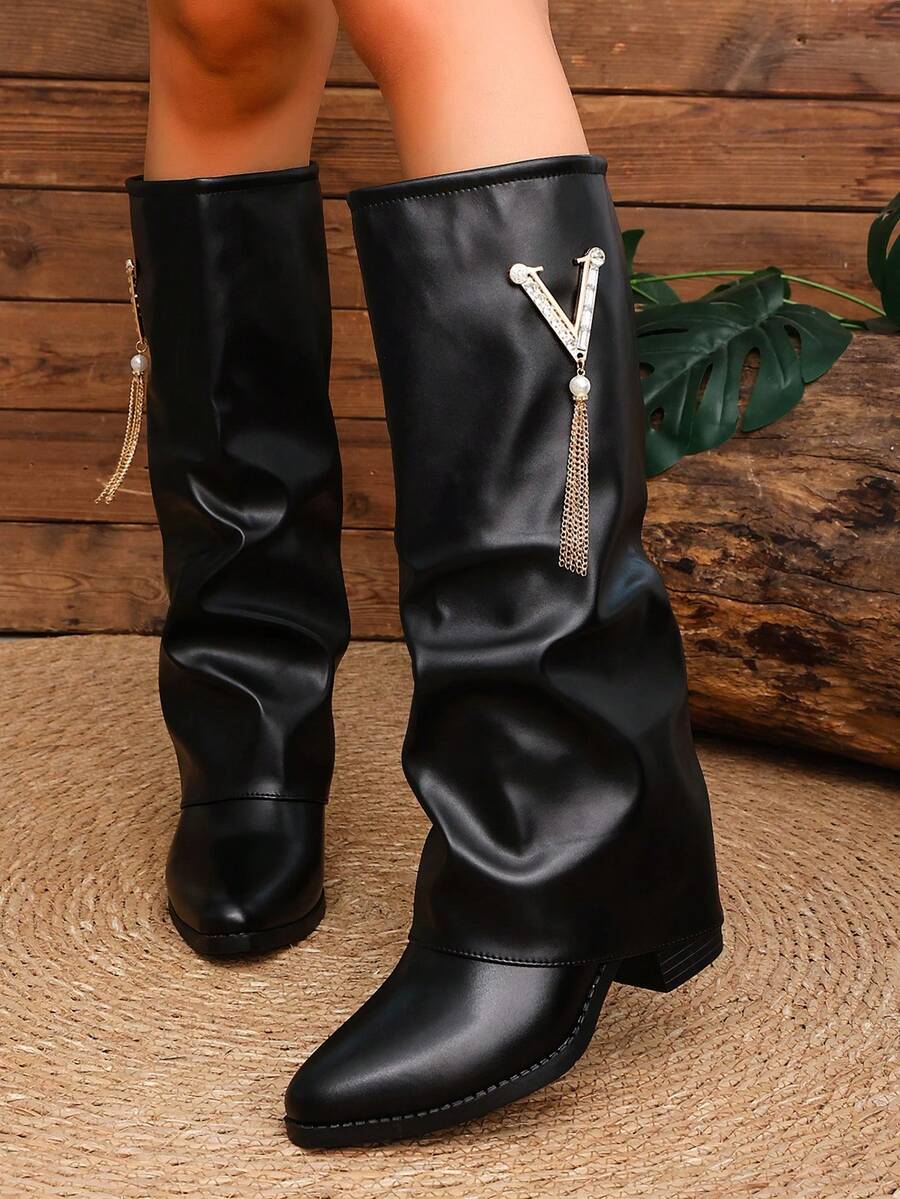 Women's Pleated Loose Boots, Fashion Thick High Heel Pointed Toe Knee-High Dress Boots, Punk Pleated Brown Boots Suitable For Daily, Festival, Versatile,Cowboy Boots Mensa