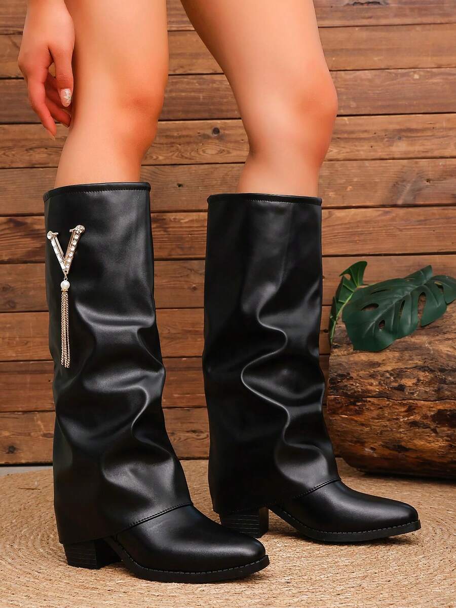 Women's Pleated Loose Boots, Fashion Thick High Heel Pointed Toe Knee-High Dress Boots, Punk Pleated Brown Boots Suitable For Daily, Festival, Versatile,Cowboy Boots Mensa