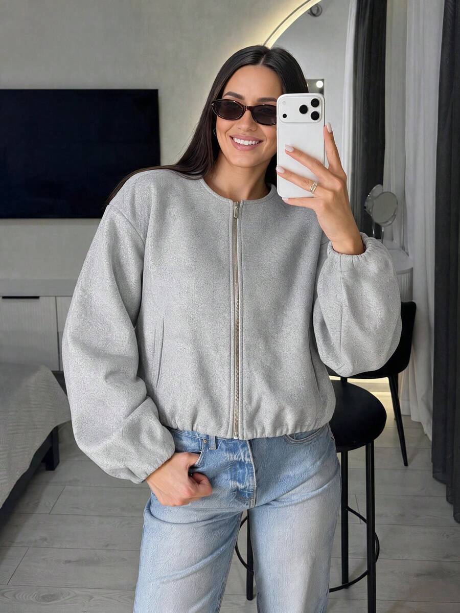 Lillehammer Wool Look Zip Up Cropped Bomber Jacket