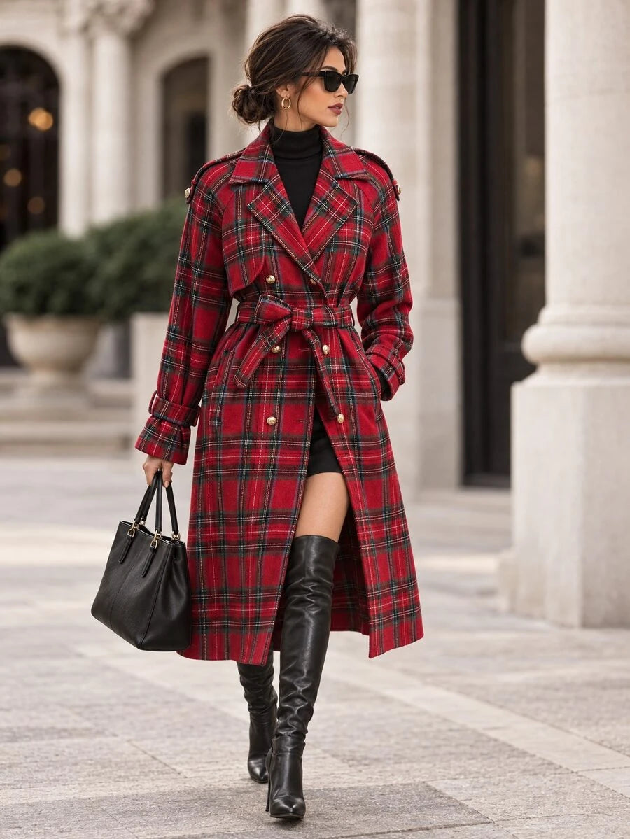 Fleur Long Double Breasted Trench Coat with Raglan Sleeves - Red Plaid