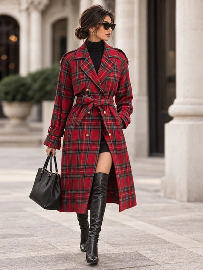 Fleur Long Double Breasted Trench Coat with Raglan Sleeves - Red Plaid
