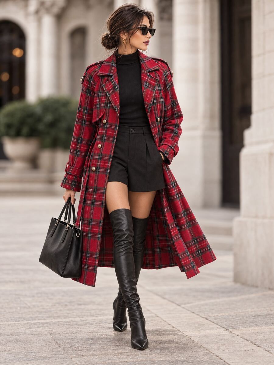 Fleur Long Double Breasted Trench Coat with Raglan Sleeves - Red Plaid