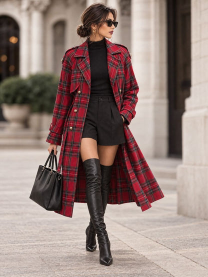 Fleur Long Double Breasted Trench Coat with Raglan Sleeves - Red Plaid