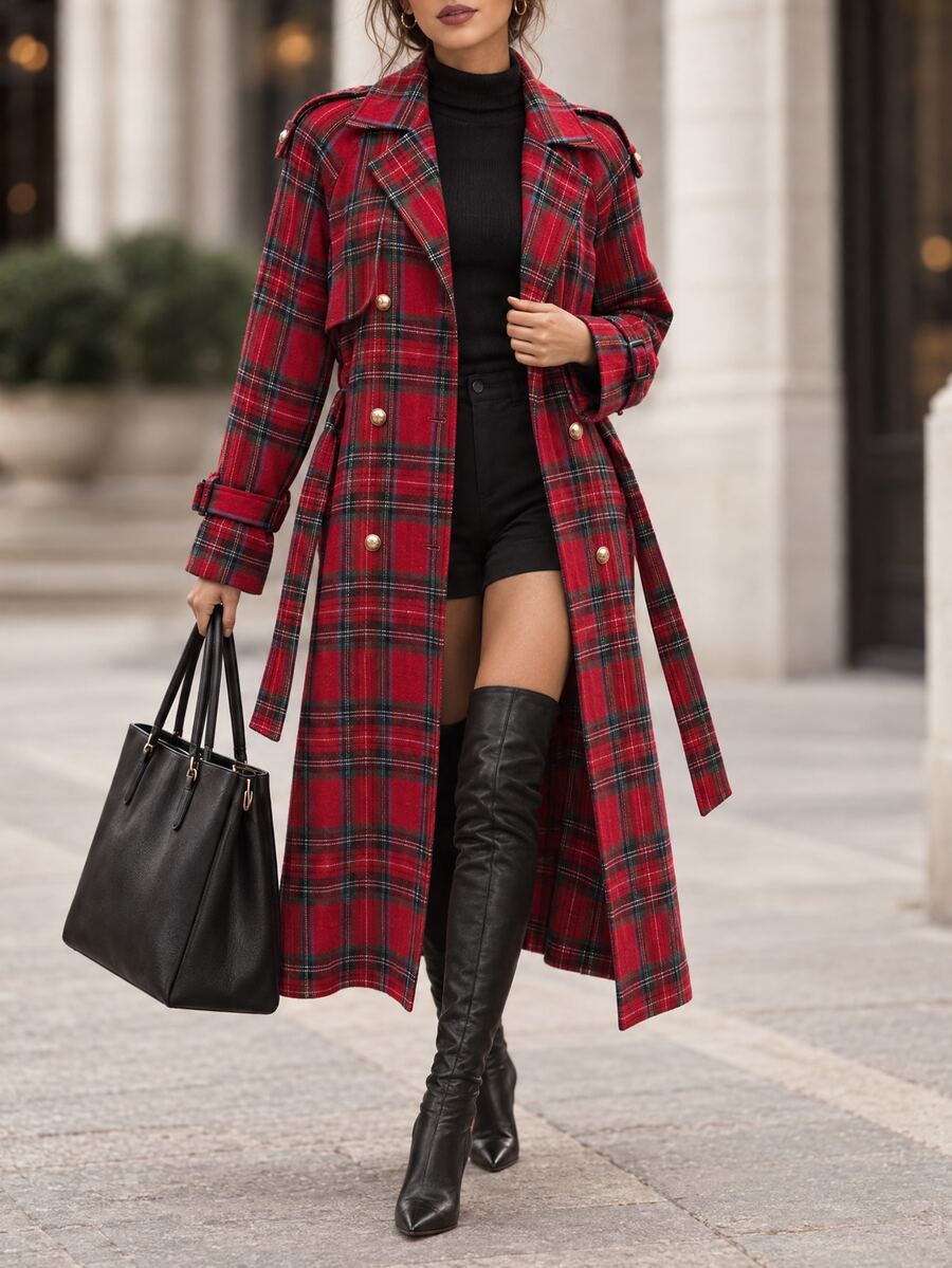 Fleur Long Double Breasted Trench Coat with Raglan Sleeves - Red Plaid