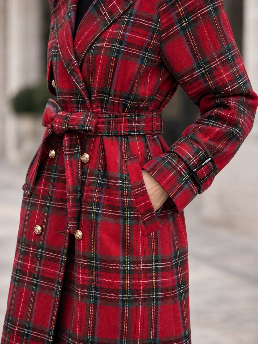 Fleur Long Double Breasted Trench Coat with Raglan Sleeves - Red Plaid