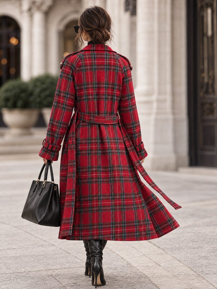 Fleur Long Double Breasted Trench Coat with Raglan Sleeves - Red Plaid