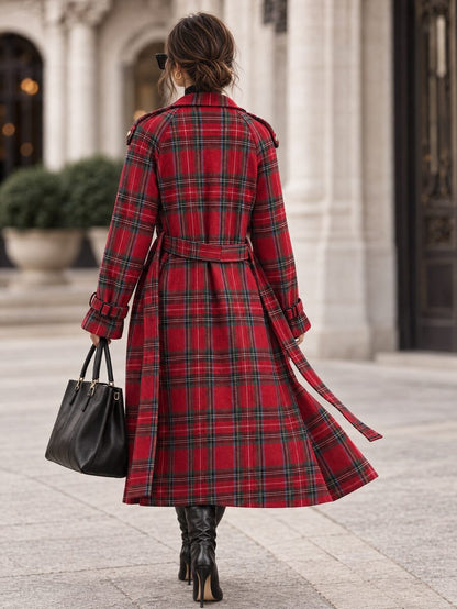 Fleur Long Double Breasted Trench Coat with Raglan Sleeves - Red Plaid