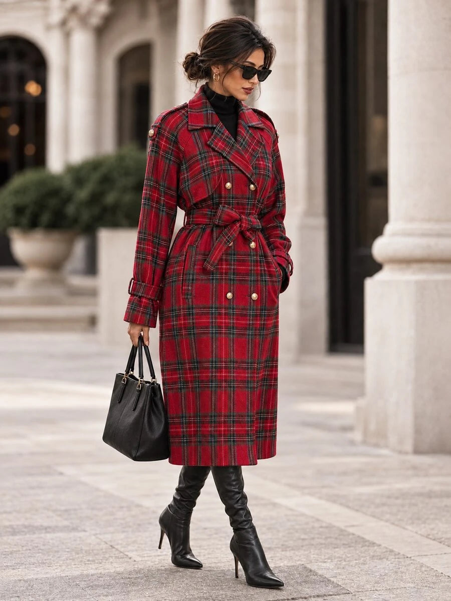 Fleur Long Double Breasted Trench Coat with Raglan Sleeves - Red Plaid