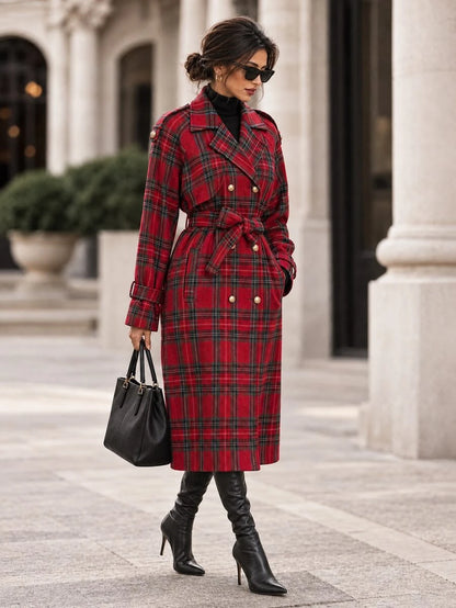 Fleur Long Double Breasted Trench Coat with Raglan Sleeves - Red Plaid