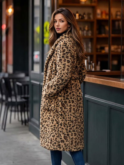 Fleur Long Double Breasted Trench Coat with Raglan Sleeves - Leopard