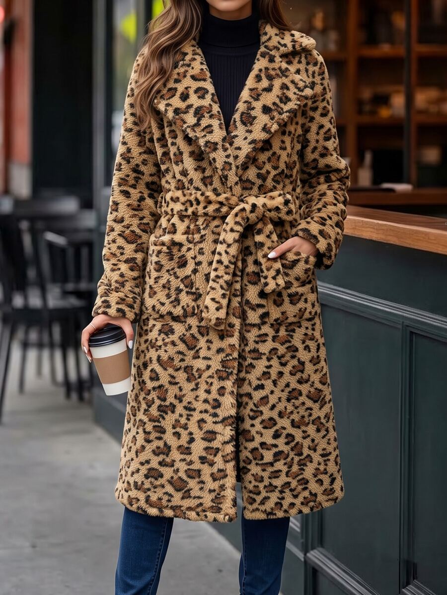 Fleur Long Double Breasted Trench Coat with Raglan Sleeves - Leopard