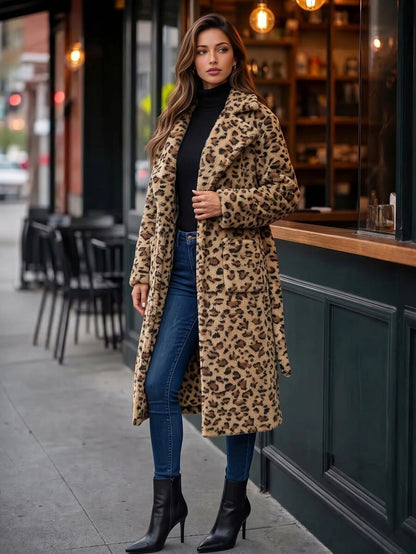 Fleur Long Double Breasted Trench Coat with Raglan Sleeves - Leopard