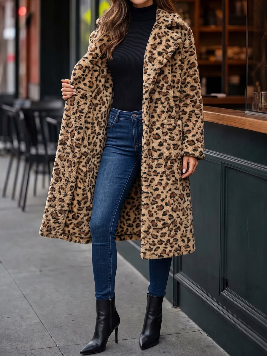 Fleur Long Double Breasted Trench Coat with Raglan Sleeves - Leopard