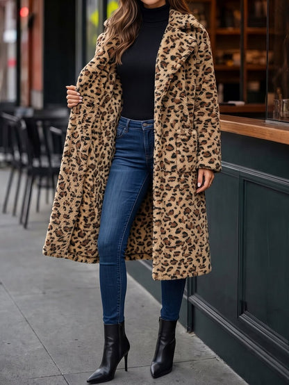 Fleur Long Double Breasted Trench Coat with Raglan Sleeves - Leopard