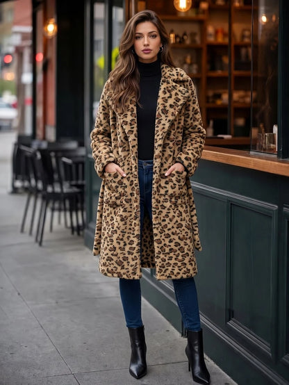 Fleur Long Double Breasted Trench Coat with Raglan Sleeves - Leopard