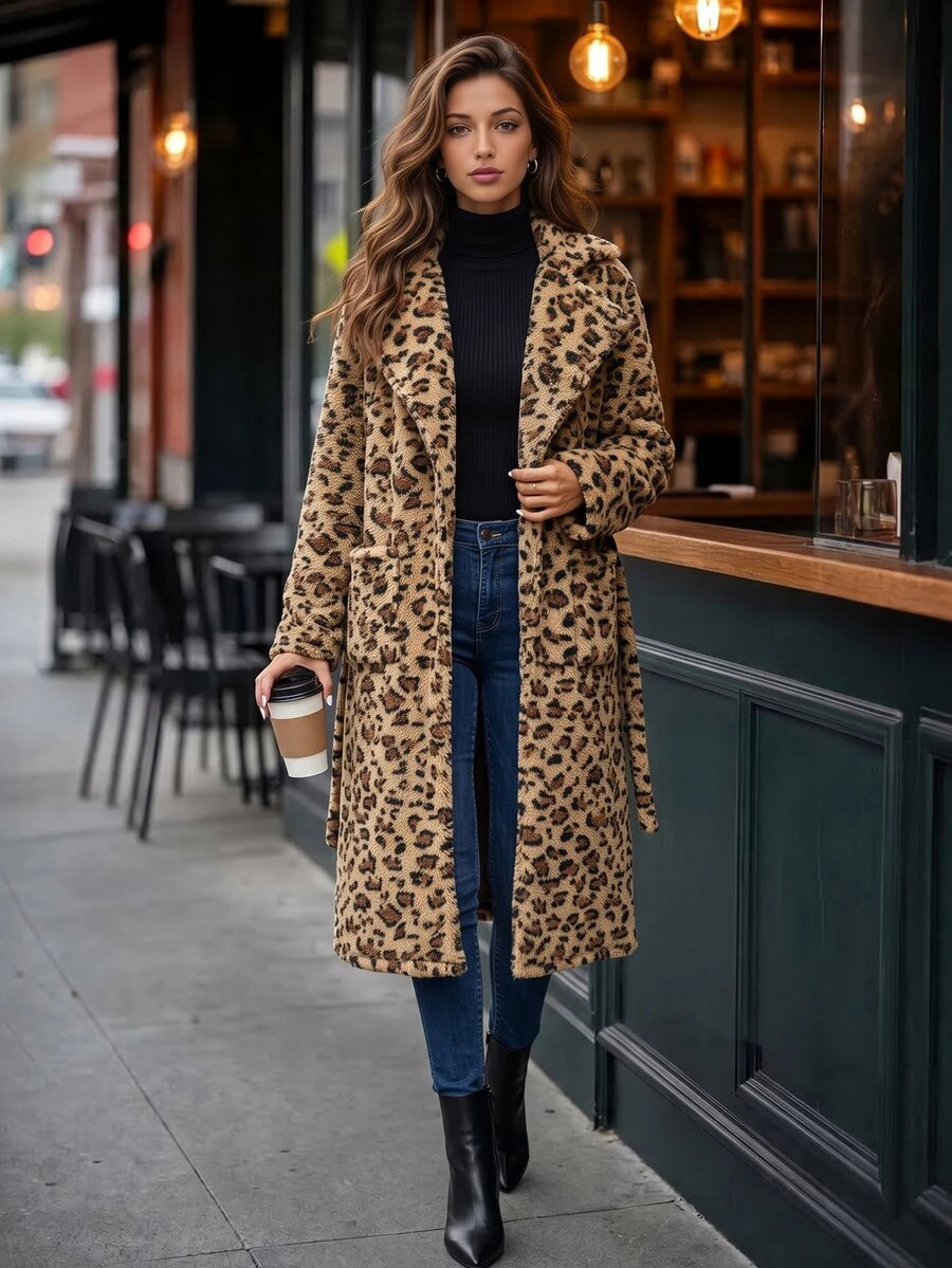Fleur Long Double Breasted Trench Coat with Raglan Sleeves - Leopard