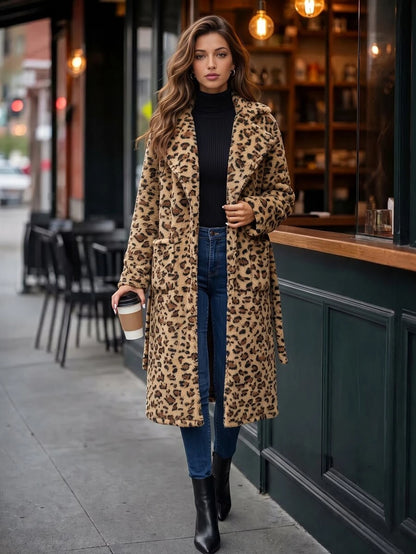 Fleur Long Double Breasted Trench Coat with Raglan Sleeves - Leopard