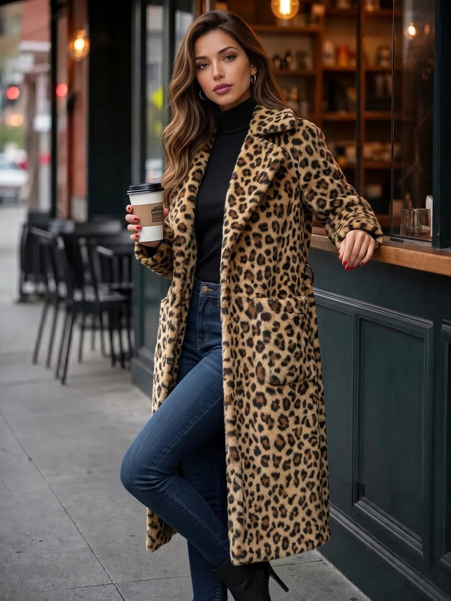 Fleur Long Double Breasted Trench Coat with Raglan Sleeves - Leopard