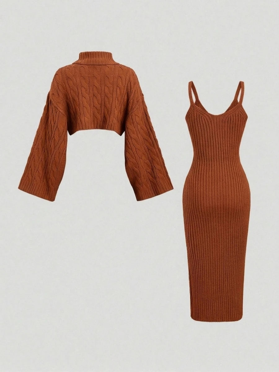 Women's Cable Knit Cropped Sweater and Slip Dress Set, Two Piece Knit Outfit for Fall - Camel