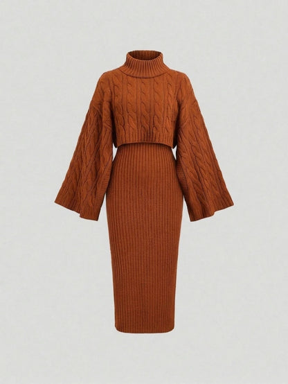 Women's Cable Knit Cropped Sweater and Slip Dress Set, Two Piece Knit Outfit for Fall - Apricot