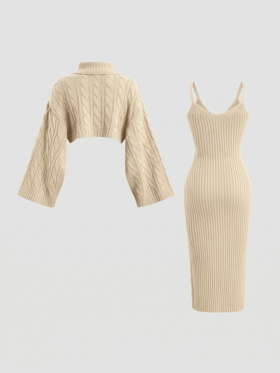 Women's Cable Knit Cropped Sweater and Slip Dress Set, Two Piece Knit Outfit for Fall - Camel
