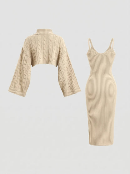 Women's Cable Knit Cropped Sweater and Slip Dress Set, Two Piece Knit Outfit for Fall - Camel