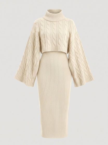 Women's Cable Knit Cropped Sweater and Slip Dress Set, Two Piece Knit Outfit for Fall - Apricot