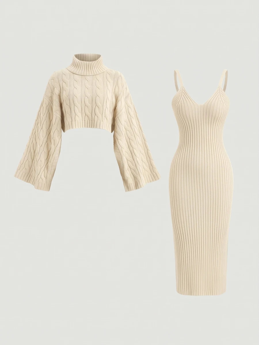 Women's Cable Knit Cropped Sweater and Slip Dress Set, Two Piece Knit Outfit for Fall - Red