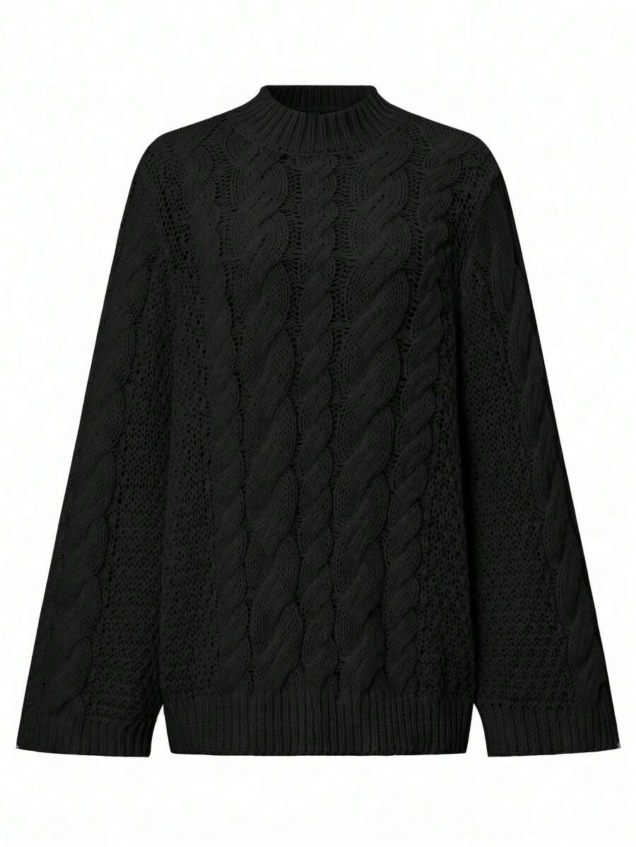 Ondine Oversized Cable Knit Sweater with Wide Bell Sleeves - Black