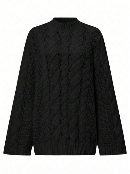 Ondine Oversized Cable Knit Sweater with Wide Bell Sleeves - Black