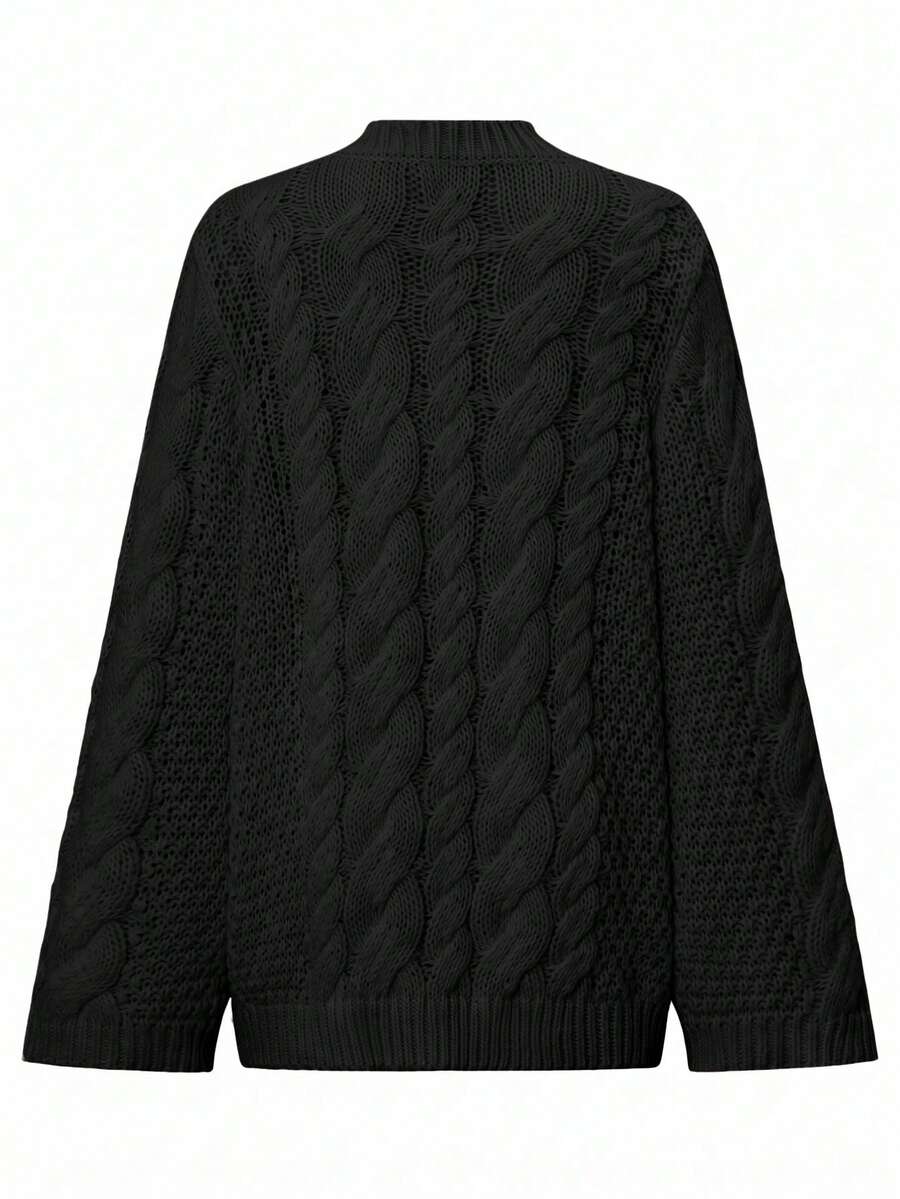 Ondine Oversized Cable Knit Sweater with Wide Bell Sleeves - Black