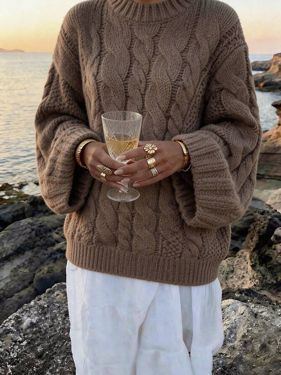 Ondine Oversized Cable Knit Sweater with Wide Bell Sleeves - Taupe