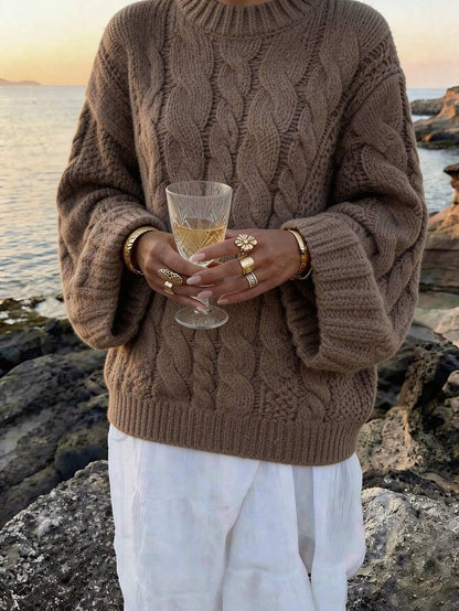 Ondine Oversized Cable Knit Sweater with Wide Bell Sleeves - Taupe