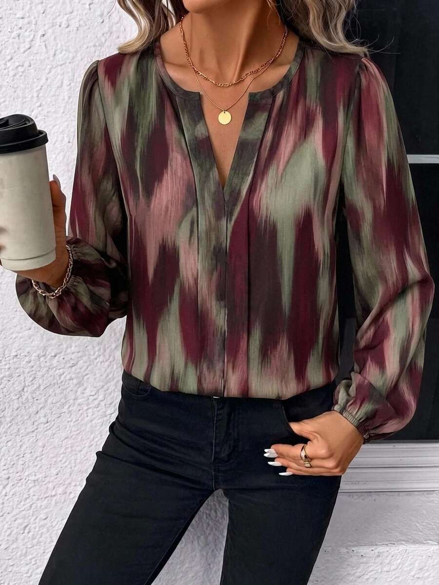 Nell Long Sleeve Blouse with Split V Neck and Lantern Sleeves - Burgundy Print